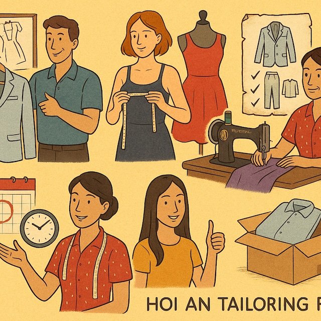 Illustrated Hoi An tailoring process guide showing the steps of getting custom clothes made in Hoi An, Vietnam, including design consultations, body measurements, garment pattern sketches, sewing on a machine, fitting sessions, and picking up the finished tailored suits and dresses from local tailors