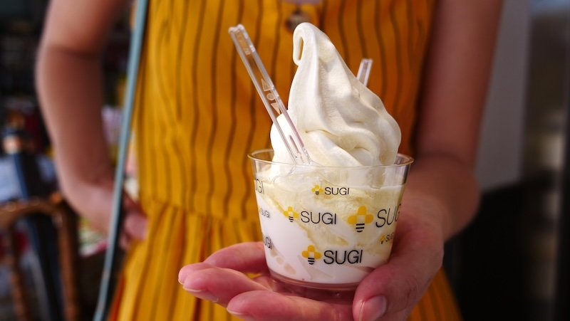 Hand holding a cup of creamy vanilla soft serve ice cream drizzled with honey from Sugi Bee Garden, a popular sweet street food treat in Nikko, Japan