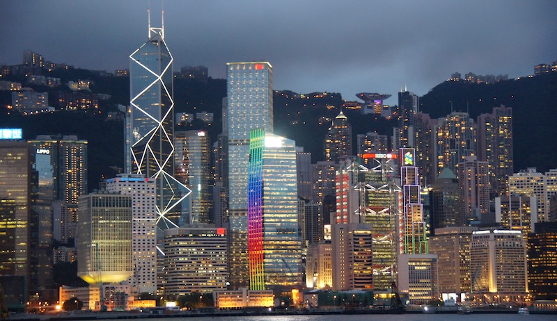 Hong Kong Island colorful buildings lit up at night with epic skyline views 