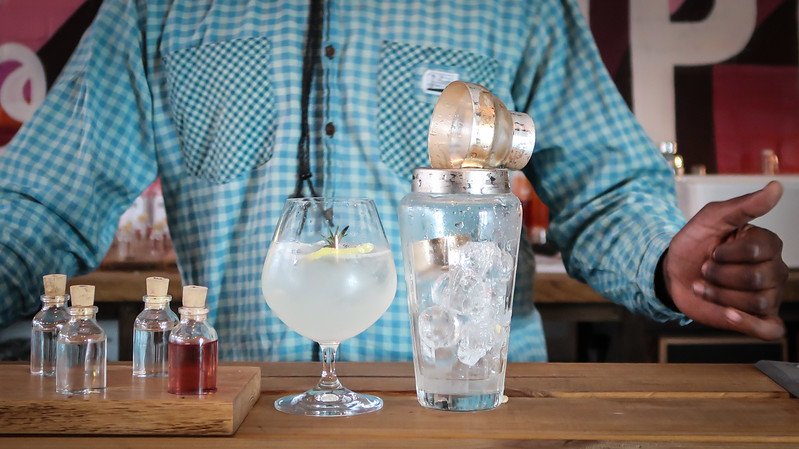 Bartender presenting a gin tasting flight with four miniature bottles, a garnished gin cocktail, and a cocktail shaker filled with ice at Hope on Hopkins distillery in Cape Town, South Africa
