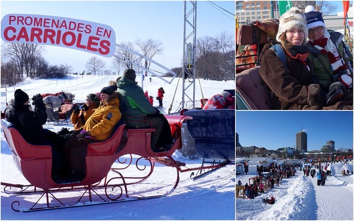 Horse drawn sleighs at Carnaval de Quebec in Canada with Nomadic Samuel and That Backpacker enjoying the comfort 