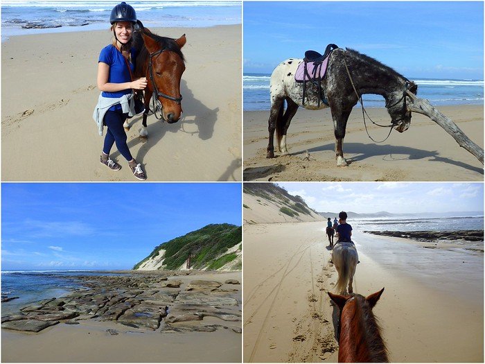 Horse riding in Cintsa, South Africa alongside the beach was a highlight experienced by That Backpacker Audrey Bergner wearing a safety helmet and smile!