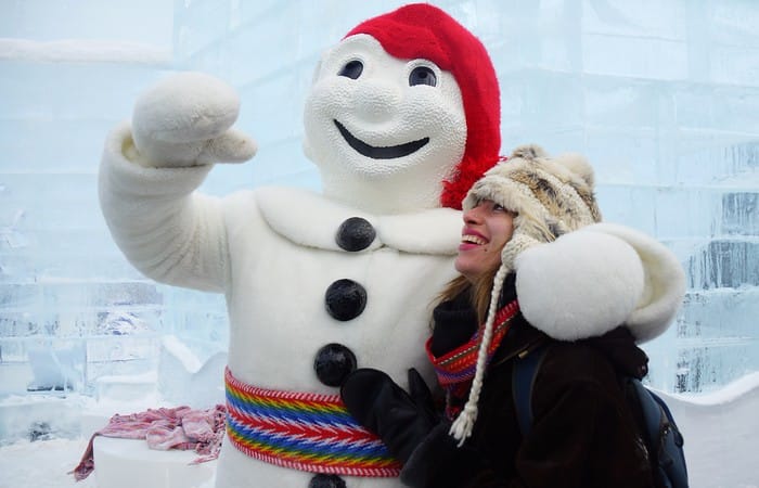 Hugs with Bonhomme de Neige for That Backpacker Audrey Bernger in Quebec City, Canada 