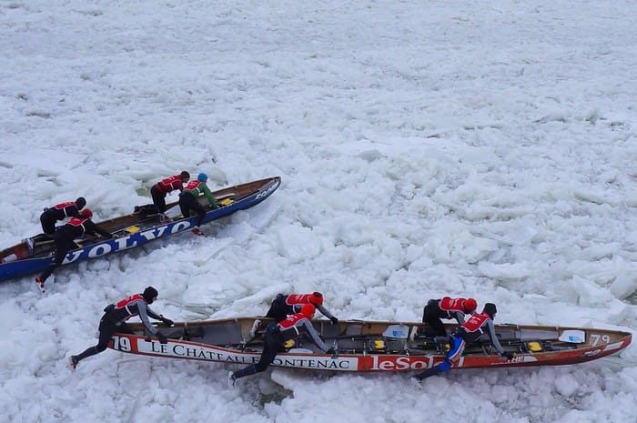 Ice canoe races on the frozen waters of the Saint Lawrence River in Quebec City in Canada 