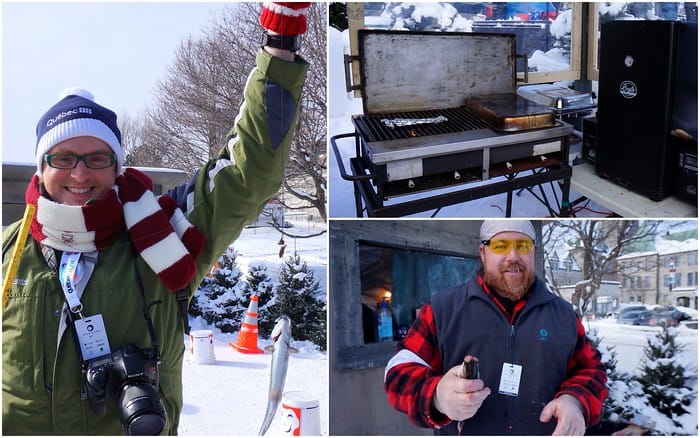 Ice fishing at Carnaval de Quebec in Canada with Nomadic Samuel making the catch and then having it cooked on the grill