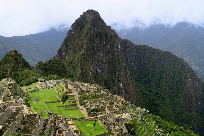 Iconic shot of Machu Picchu from the classic vantage points in Peru in all of its glory that rewards hikers who complete the Inca Trail 