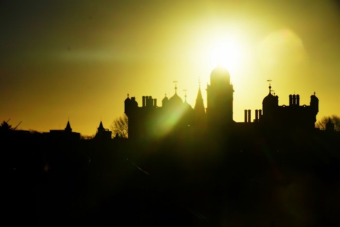 Iconic sunset silhouette distinct landmarks in Edinburgh, Scotland 