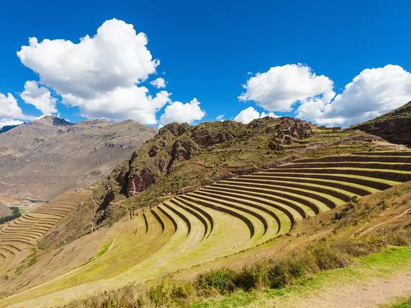 Inca Pisac scenic views with clouds off in the distance in Peru 