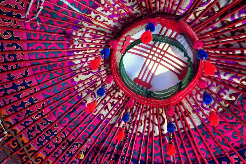Inside a Kyrgyz yurt colorful decorations and designs