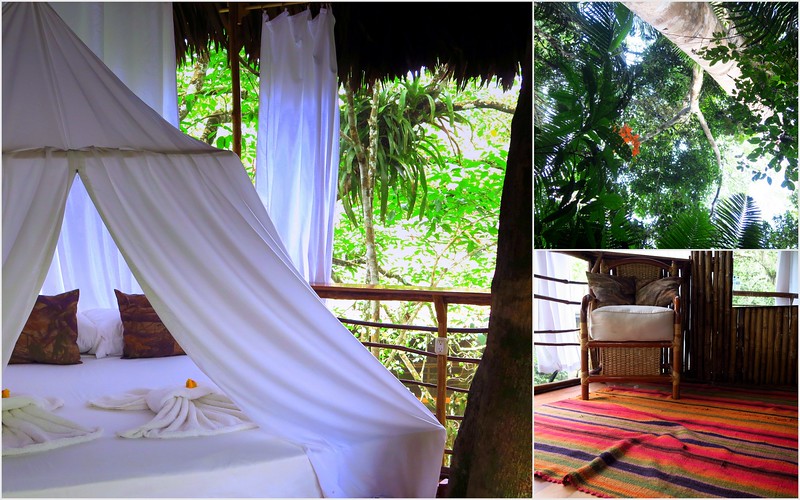 Inside our jungle treehouse in the Peruvian rainforest equipped with mosquito nets and other comforts