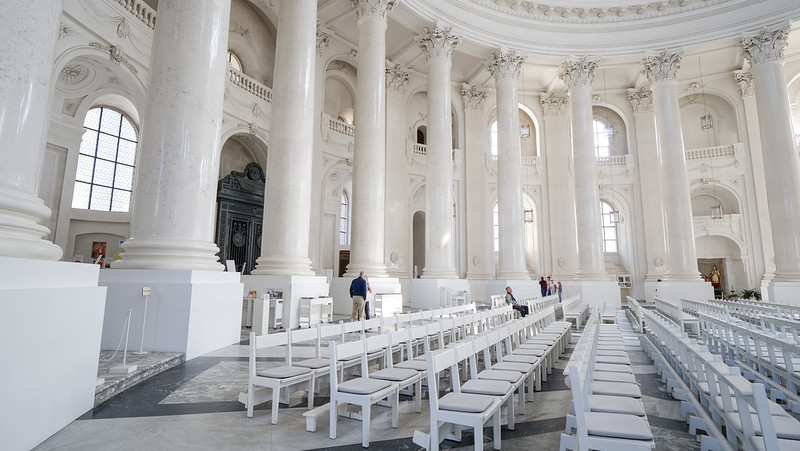 Inside Saint Blaise Abbey in the Black Forest with its grand all white interior in Germany 