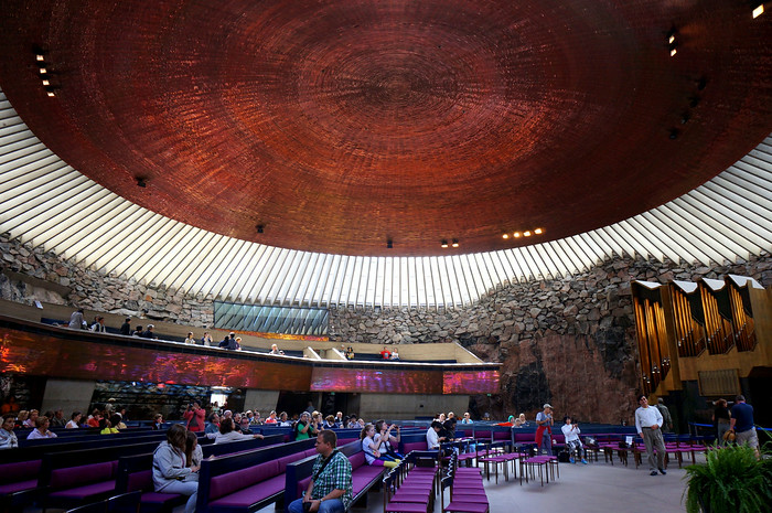 Inside the Rock Church covered by an impressive copper dome in Helsinki, Finland has distinct acoustics Inside the Rock Church covered by an impressive copper dome in Helsinki, Finland has distinct acoustics