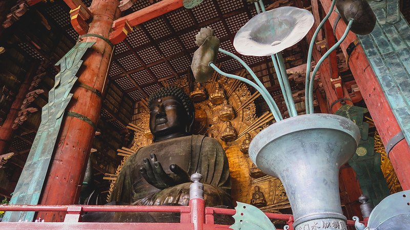 Inside Todaiji Temple which houses the largest bronze statue of a Buddha with impressive views from numerous vantage points in Nara Inside Todaiji Temple which houses the largest bronze statue of a Buddha with impressive views from numerous vantage points in Nara
