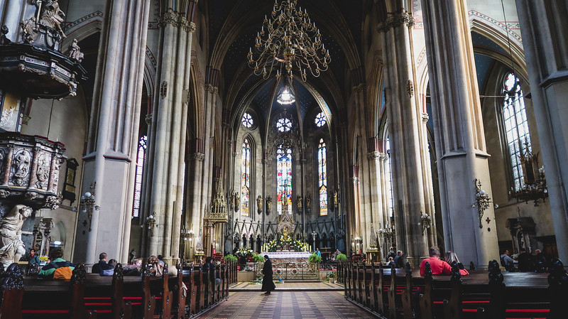 Inside Zagreb Cathedral with low angle vantage point views showing the grandeur and sheer size of the interior in Croatia