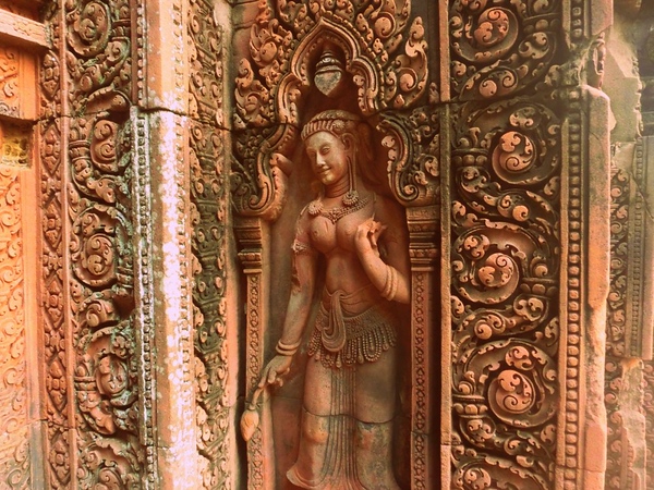 Intricate carvings and details at Banteay Srei, Angkor, Cambodia