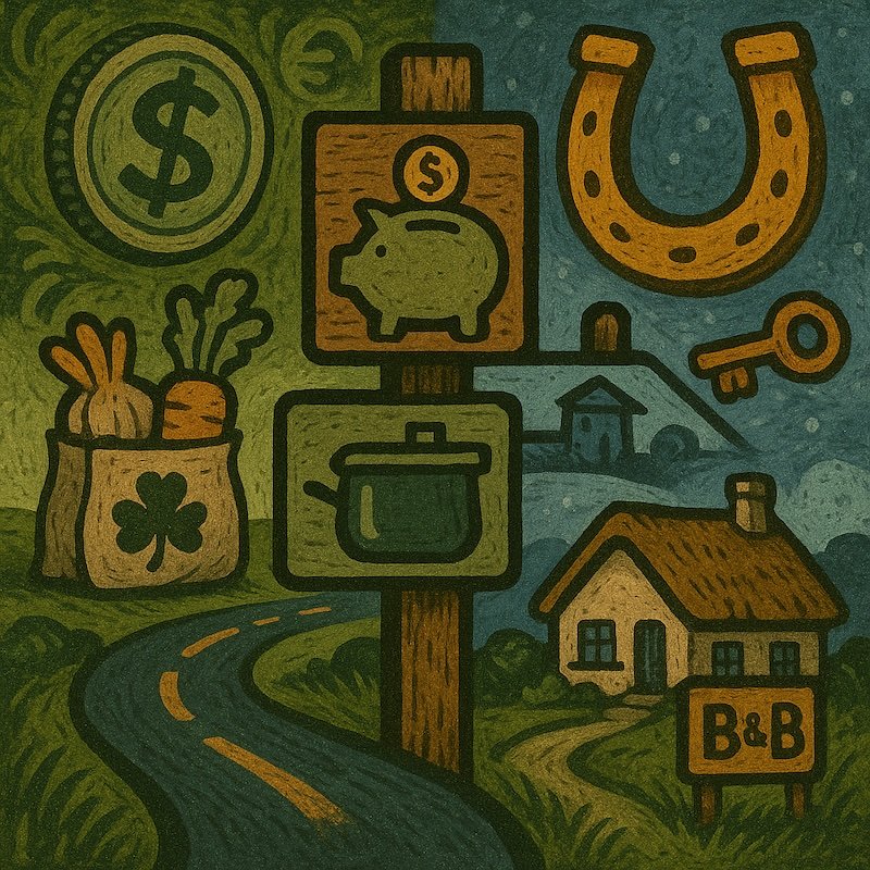 Illustrated travel icons showing budget travel tips for an Ireland road trip, including a piggy bank for saving, a cooking pot for self-catering meals, a grocery bag with local produce, a cozy B&B cottage, and symbols for car rental keys, diesel fuel, and early-bird meal deals, all along a winding country road backdrop