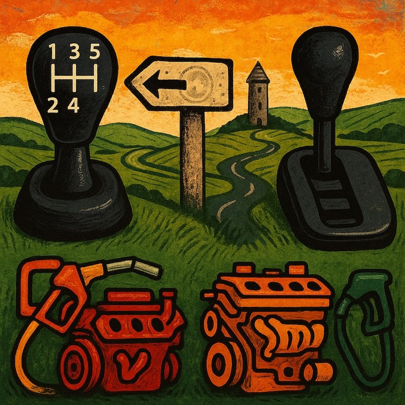 Illustrated graphic for a Ireland road trip guide comparing manual vs. automatic cars and diesel vs. petrol fuel, showing gear shifters, fuel pumps, car engines, and a winding countryside road with green hills, a stone tower, and a sunset sky symbolizing the driving experience in rural Ireland