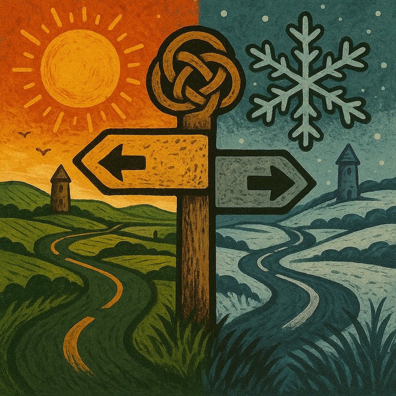 Illustrated concept of an Ireland road trip showing a signpost at a crossroads dividing two seasons: one side with warm sunlit green hills and a Celtic knot symbolizing summer, and the other with snowy fields, a snowflake, and frosty tones symbolizing winter — representing how travel costs vary by season