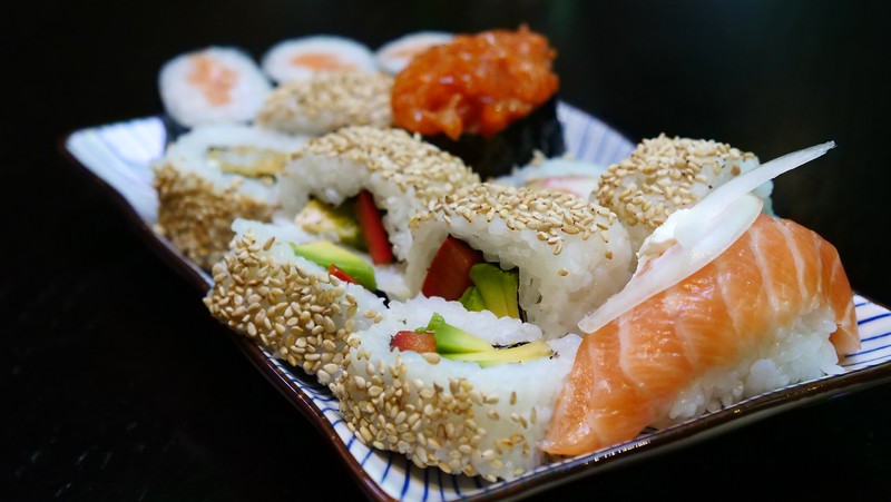 Japanese food in Düsseldorf, Germany including this plate full of sushi and maki rolls on offer