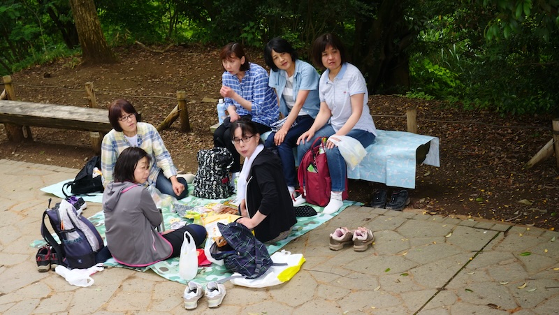Japanese friends and family enjoying a sit down picnic during a visit to Mount Takao, Japan 