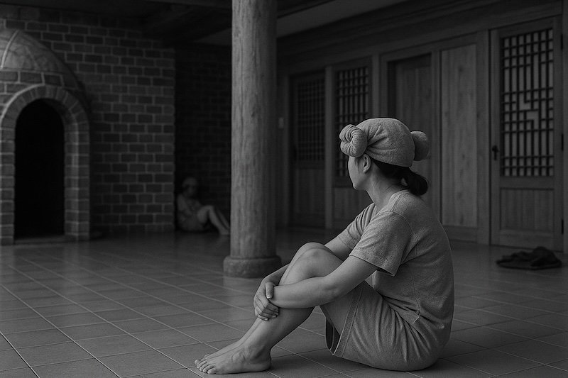 A black and white photograph of a traditional Korean jjimjilbang interior, showing a woman in loungewear sitting on the heated tiled floor near a wooden column. A brick sauna dome and wooden doors with lattice patterns create a serene, culturally rich atmosphere