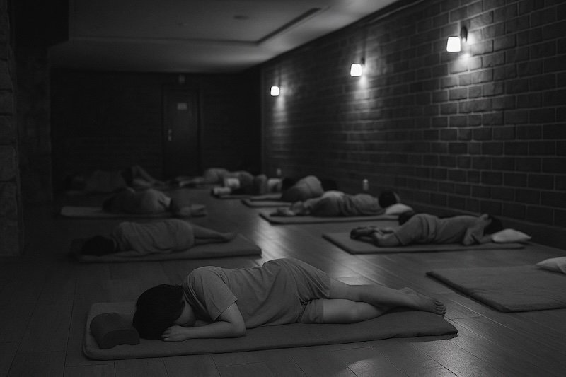 A black and white photograph of a communal sleeping area inside a Korean jjimjilbang. People wearing spa uniforms lie on mats with small pillows on a heated wooden floor under dim lighting. Brick walls and soft light create a calm, cozy overnight atmosphere