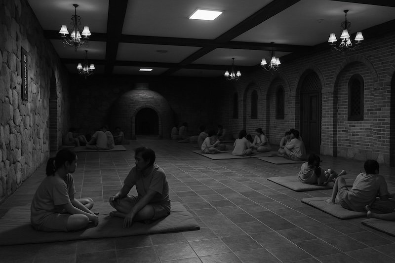 A black and white photograph of the interior of a Korean jjimjilbang. People wearing spa uniforms lounge on mats on the heated floor, chatting in small groups under soft lighting. Brick and stone walls frame a domed oven structure, creating a calm, warm atmosphere