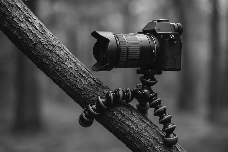 A black and white photograph of a mirrorless camera mounted on a Joby Gorillapod tripod, with all three flexible legs tightly coiled around a textured tree branch. The blurred forest background emphasizes the tripod’s secure grip and adaptability for creative filming angles