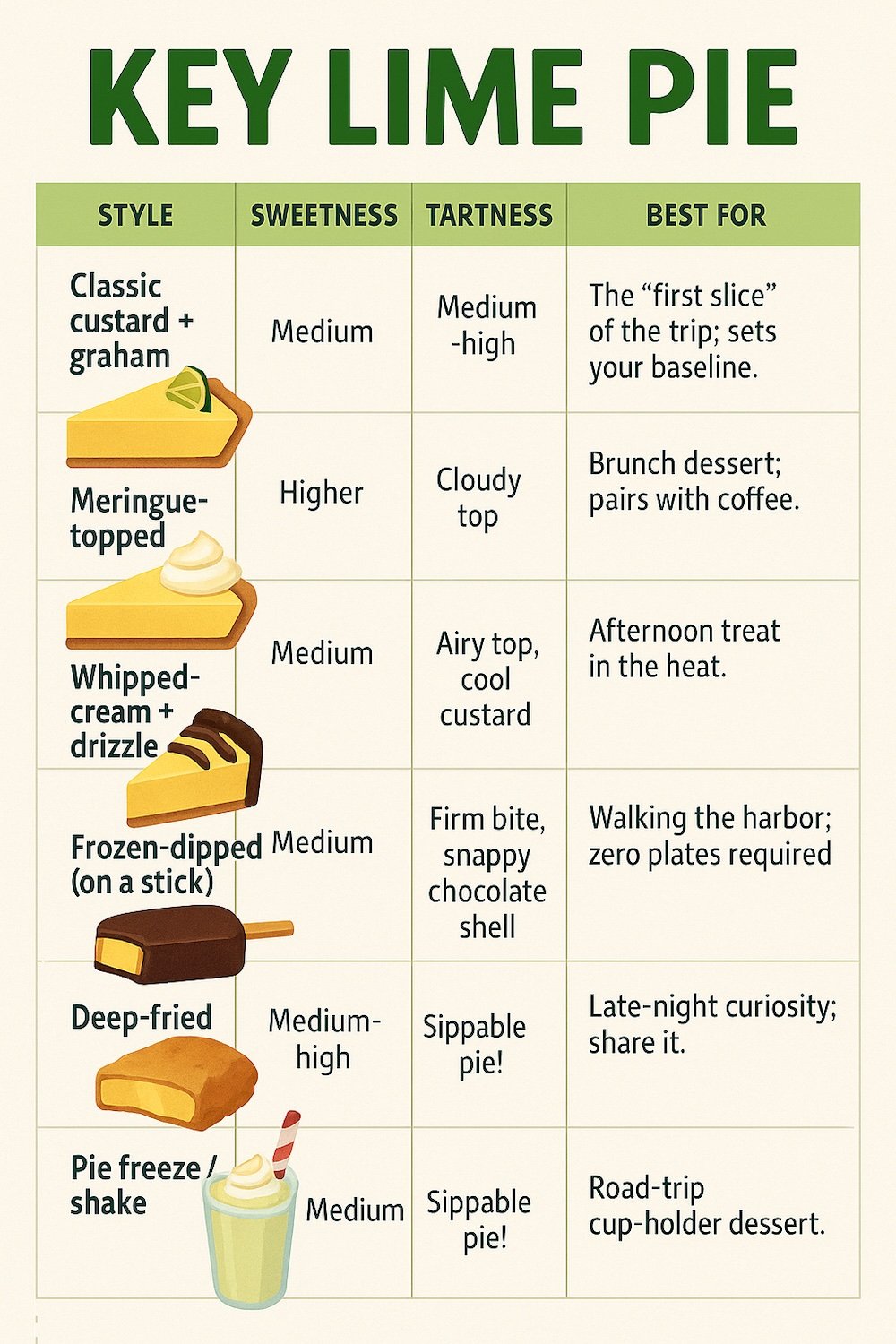 Key Lime Pie infographic for foodies wanting to decode this classic dessert in Key West, Florida, USA 
