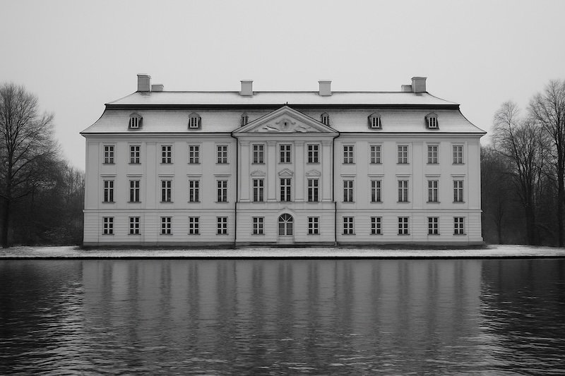 A black and white photograph of Köpenick Palace in Berlin, Germany, captured from a distant frontal vantage point across the water. The palace’s symmetrical Baroque facade stands framed by bare trees with light snow on the ground and roof, reflected subtly in the calm river