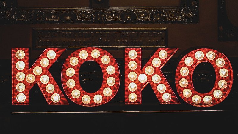 Illuminated KOKO sign glowing with retro-style marquee lights at the iconic KOKO club in Camden, London, a historic theatre turned live music venue renowned for its vibrant nightlife, legendary concerts, and unforgettable entertainment experiences