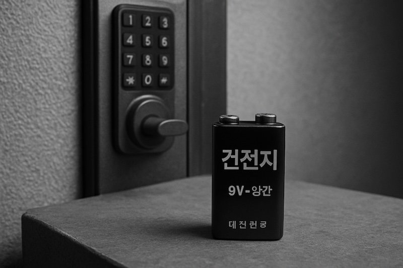A black and white photograph of a Korean 9-volt battery placed upright near a modern digital door lock with a numeric keypad. The battery with Korean text is in sharp focus, while the lock and textured wall are softly blurred in the background, highlighting the emergency power concept