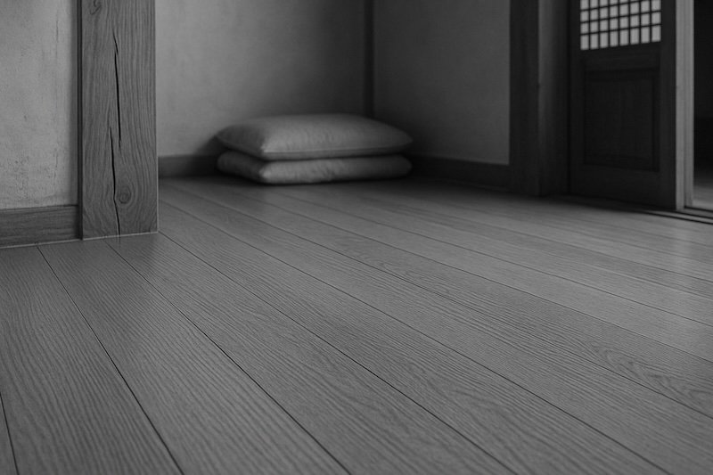 A black and white macro photograph of a traditional Korean ondol heated floor, captured from a low angle. The wooden floor planks show fine texture and subtle reflections, with a sliding door and stacked cushions softly blurred in the background, evoking warmth and calm