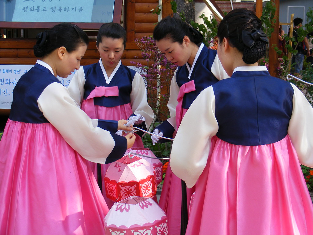 Korean Women in Traditional Hanbok Dress during Lotus Lantern Festival in Seoul, Korea