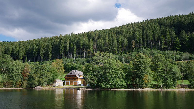 Lakeside views of Germany's Black Forest with a beautiful German homes surrounded by evergreen trees 
