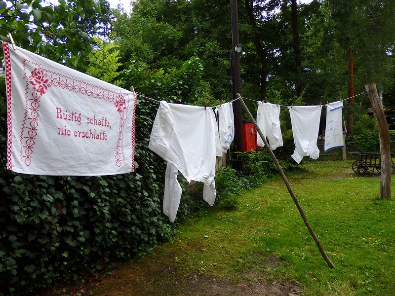 Laundry day in Germany from its medieval past hanging on a clothesline to dry in a beautiful setting in Spreewald