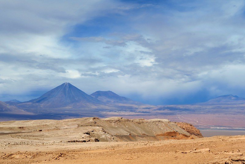 Scenic view of Licancabur Volcano rising above the Atacama Desert near Valle de la Luna in northern Chile