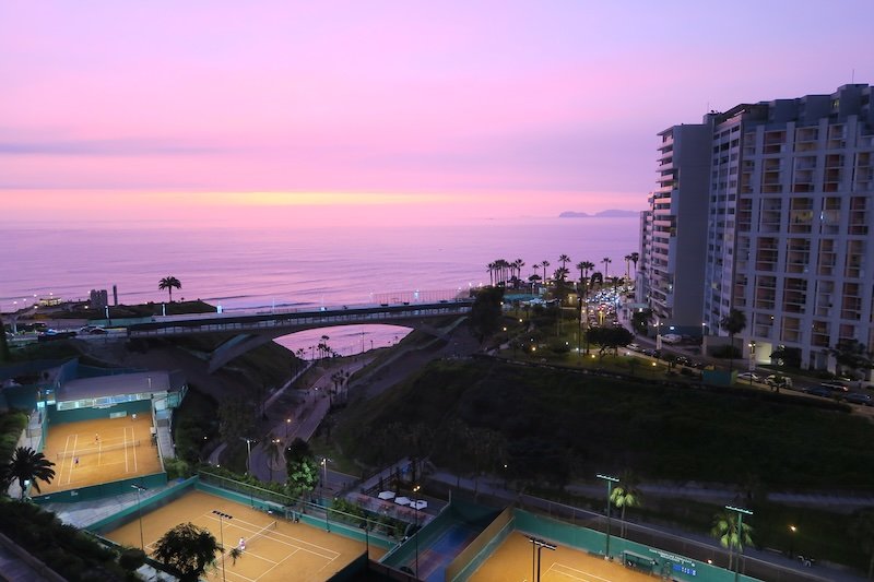 Lima sunset views in Miraflores featuring purple colors in Lima, Peru 