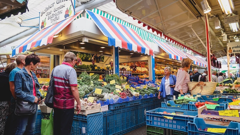 Local wet market scene in Düsseldorf, Germany with veggies and fruits on display 