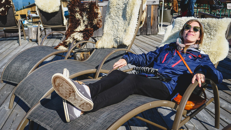 Lounging at a cafe on top of Wiedersbergerhorn with a very relaxed That Backpacker Audrey Bergner chilled out to the max on her seat
