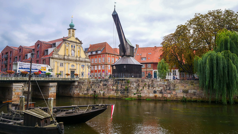 Lüneburg's old wooden crane sits on the banks of the Ilmenau River and is an iconic landmark in the city