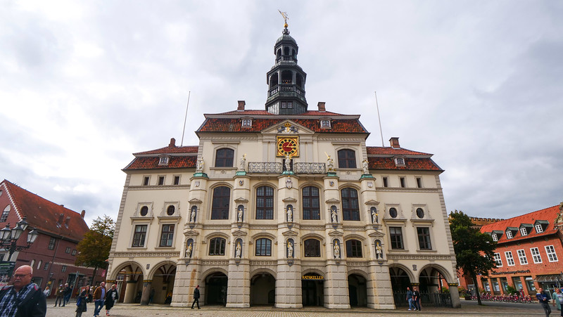 Lüneburg's town hall building is built in multiple architectural styles and has an imposing presence in the city