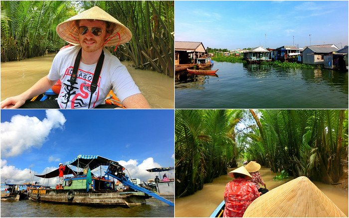 Collage of experiences exploring the Mekong Delta in Vietnam, including cruising through lush palm-lined canals in traditional sampan boats, passing floating houses on the river, browsing bustling floating markets, and Nomadic Samuel wearing a conical hat while paddling