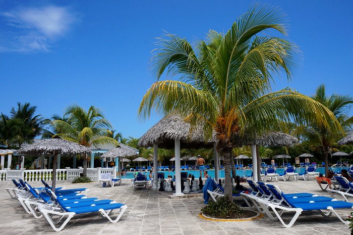 Rows of blue sun loungers surround a sparkling pool shaded by tall palm trees and palapa huts under a cloudless sky at Melia Las Dunas resort in Cayo Santa María, Cuba, creating a perfect tropical setting for a relaxing vacation.