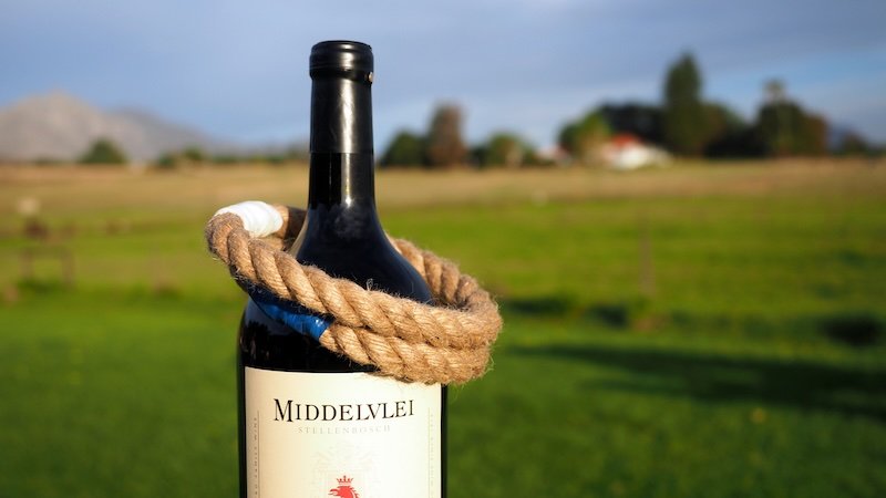 Middelvlei wine bottle displayed with beautiful backdrop in Stellenbosch, South Africa 
