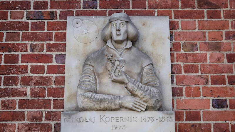 Mikolaj Kopernik from 1473-1543 designed in 1973 wall monument at Malbork Castle in Poland