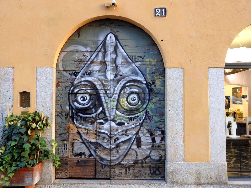 Whimsical chameleon-style street art painted on a rustic wooden door under an archway at number 21 in Milan, Italy, highlighting the city’s vibrant and creative urban art scene