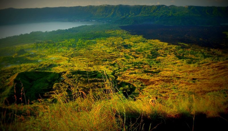 Expansive panoramic view from the slopes of Mount Batur in Bali, Indonesia, showing lush green fields, volcanic terrain, and Lake Batur glimmering in the distance under soft morning light