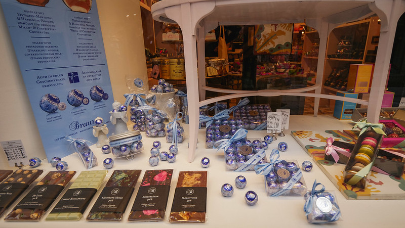 Mozartkugel and other chocolates on display and for sale at Braun in Salzburg, Austria. 