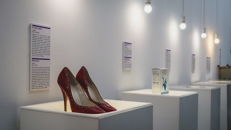 Museum of Broken Relationships in Zagreb featuring a pair of high heel women's shoes on display in Croatia